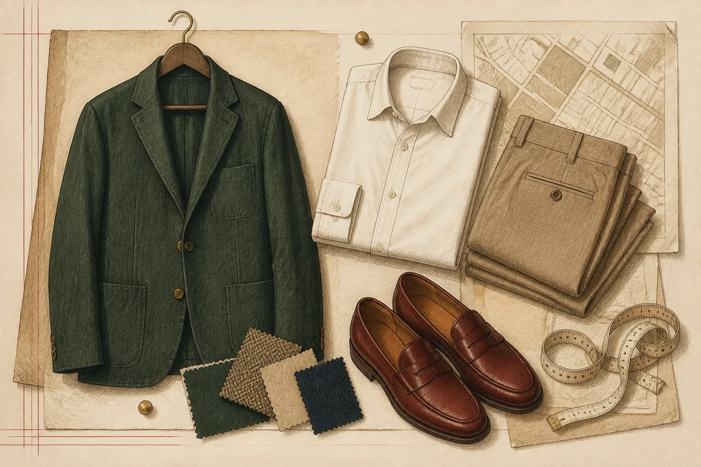 Archival-style illustration of a green jacket, ivory shirt, tan trousers and oxblood loafers with fabric swatches, a measuring tape and an abstract street map on warm ruled paper.