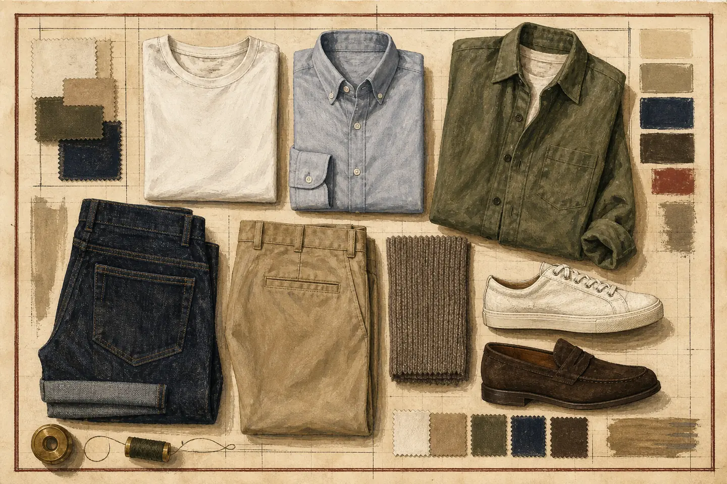Illustrated tailor's ledger arranging a white T-shirt, blue Oxford shirt, olive overshirt, dark denim, stone chinos, knitwear, sneakers, loafers, and neutral fabric swatches.