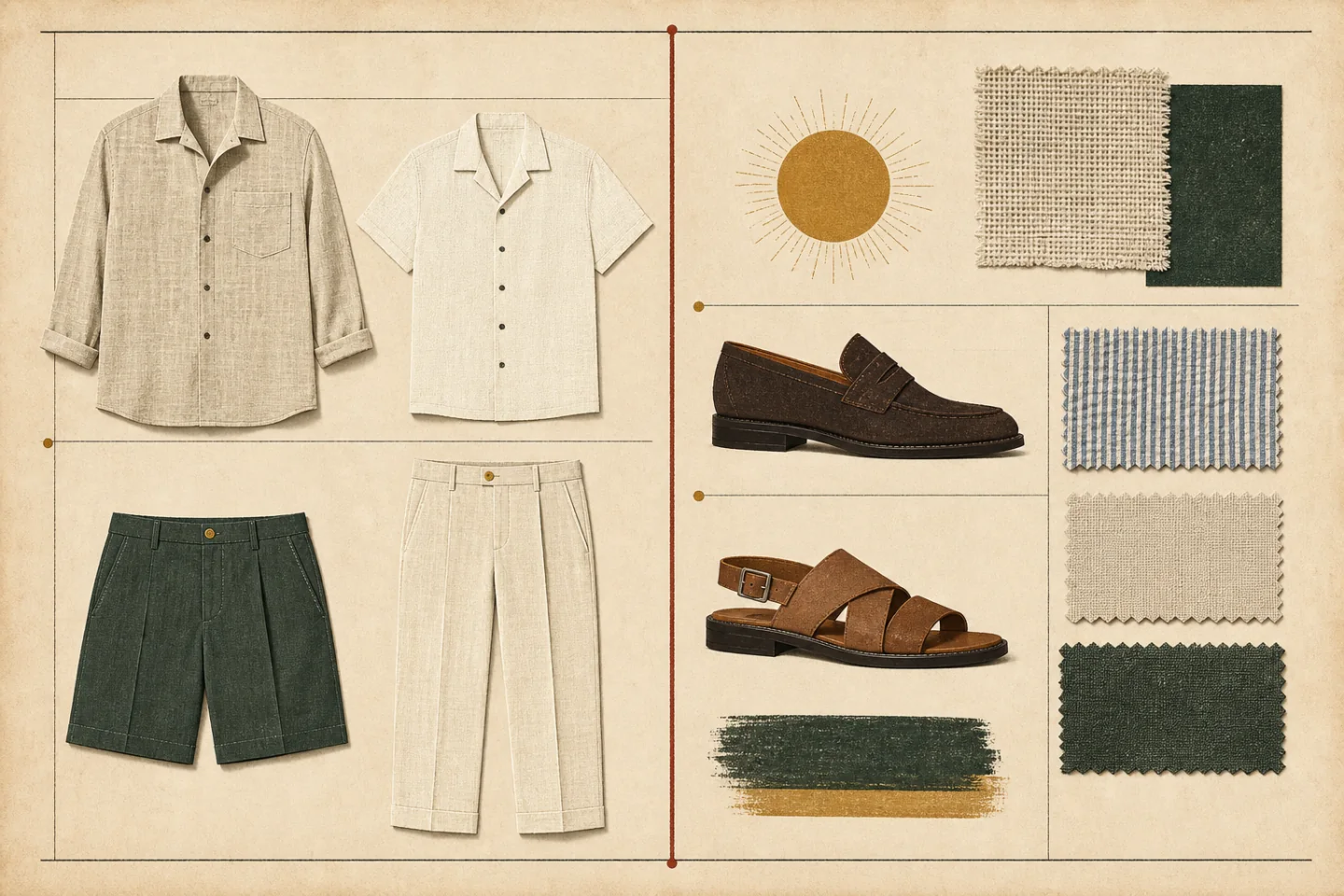 Illustrated archival layout of linen shirts, tailored shorts, trousers, loafers, sandals, and summer fabric swatches on warm paper.