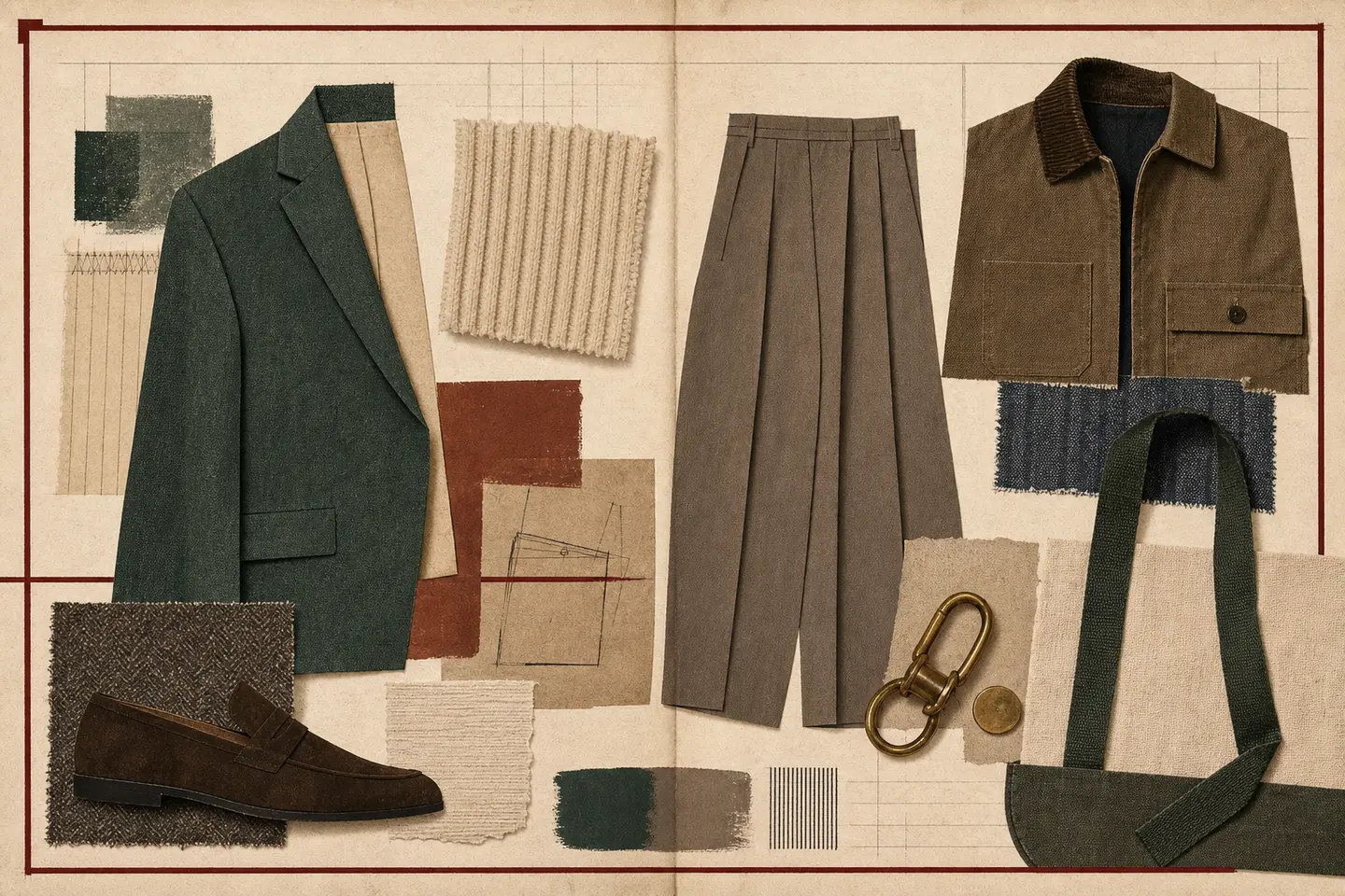 Archival menswear collage with a green blazer, pleated wide-leg trousers, a brown work jacket, knit and denim swatches, a suede loafer, brass hardware, and a canvas tote on warm ledger paper.