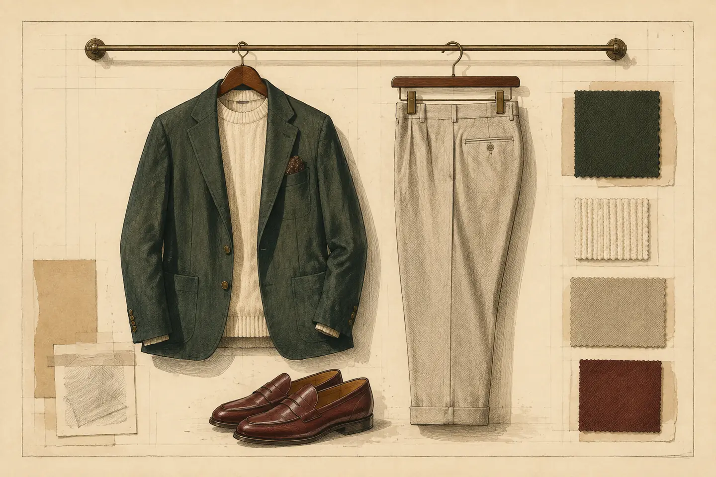 Archival illustration of a dark green blazer over cream knitwear, stone trousers, oxblood loafers and woven fabric swatches on warm ruled paper.