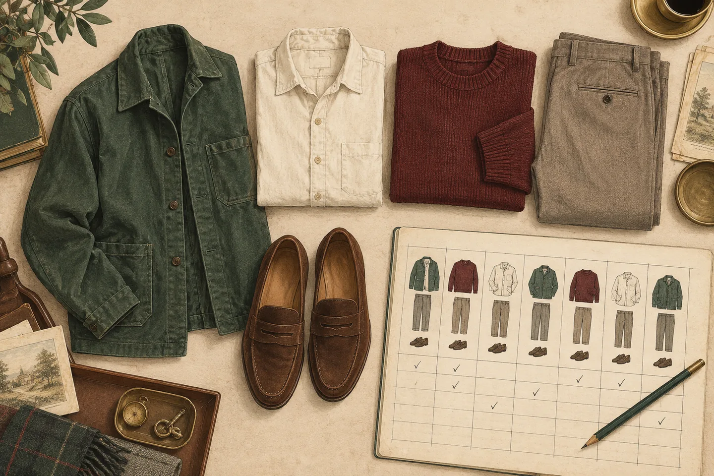 Illustrated green jacket, cream shirt, oxblood sweater, taupe trousers and brown loafers beside a weekly ledger of outfit combinations on aged paper.
