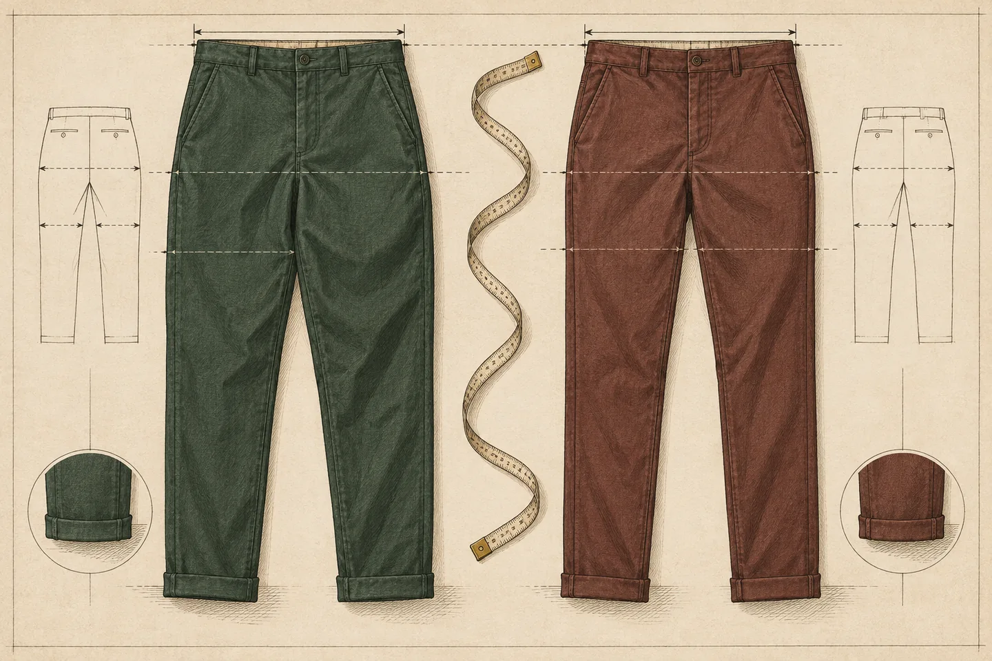 Archival-style illustration of green and oxblood casual trousers with waist, seat and thigh measurement guides, a curling measuring tape and cuff details on warm paper.