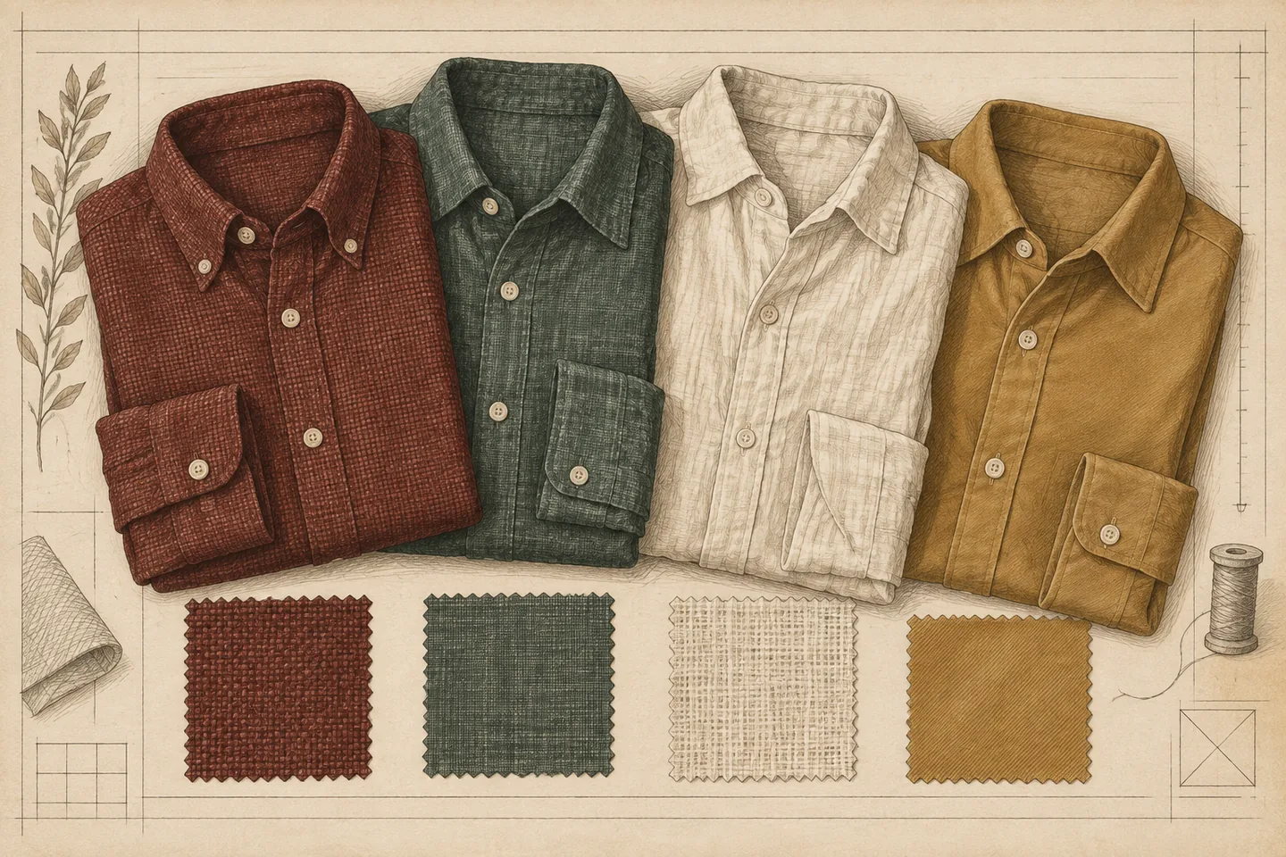 Archival-style illustration of folded oxblood, green, cream and brass shirts with matching textured fabric swatches on ruled warm paper.